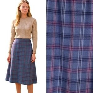 Vintage 70s Pendleton Wool‎ Plaid A-Line Midi Skirt Blue Pink Classic